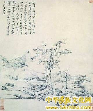 春树云林一惘然 元 倪瓒，纸本 墨笔，纵59.7cm，横50.4cm。 (现藏台北故宫博物院)